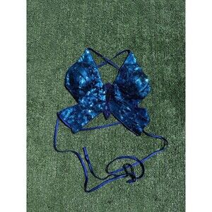 Vintage Womens Blue Beaded Sequin Corset Lace Up Back Butterfly Y2K Top